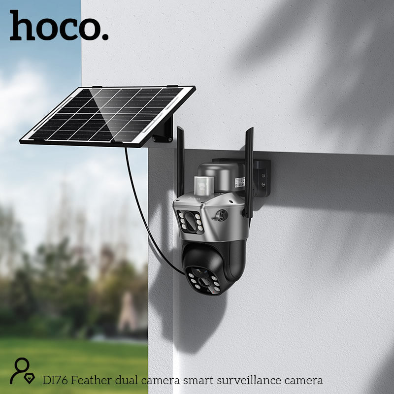 The HOCO DI76 Solar Power Dual-Lens Smart Surveillance Camera is a versatile outdoor security solution designed for reliable, eco-friendly monitoring