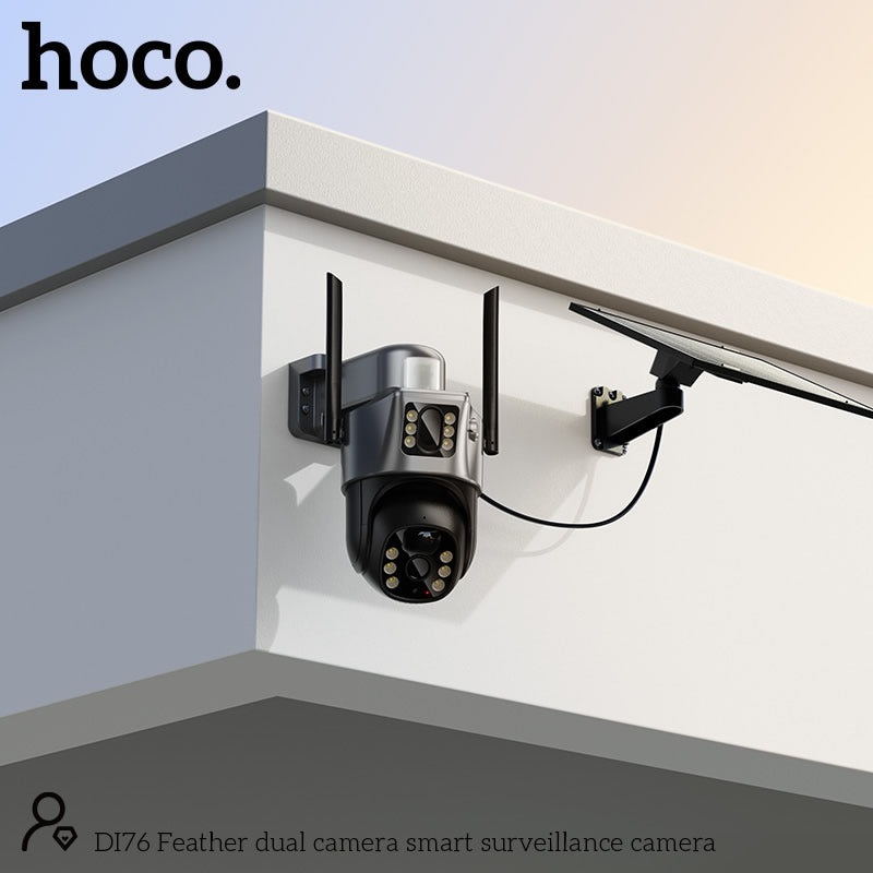 The HOCO DI76 Solar Power Dual-Lens Smart Surveillance Camera is a versatile outdoor security solution designed for reliable, eco-friendly monitoring