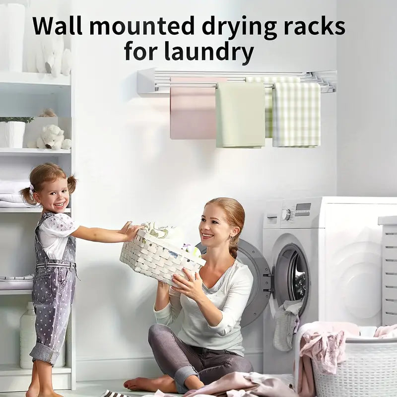 Wall Mounted Clothes Drying Rack 31.5", Foldable Wall Mount Laundry Rack Folding Indoor, Collapsible, Hidden Space Saver with Wall Template, 5 Rods