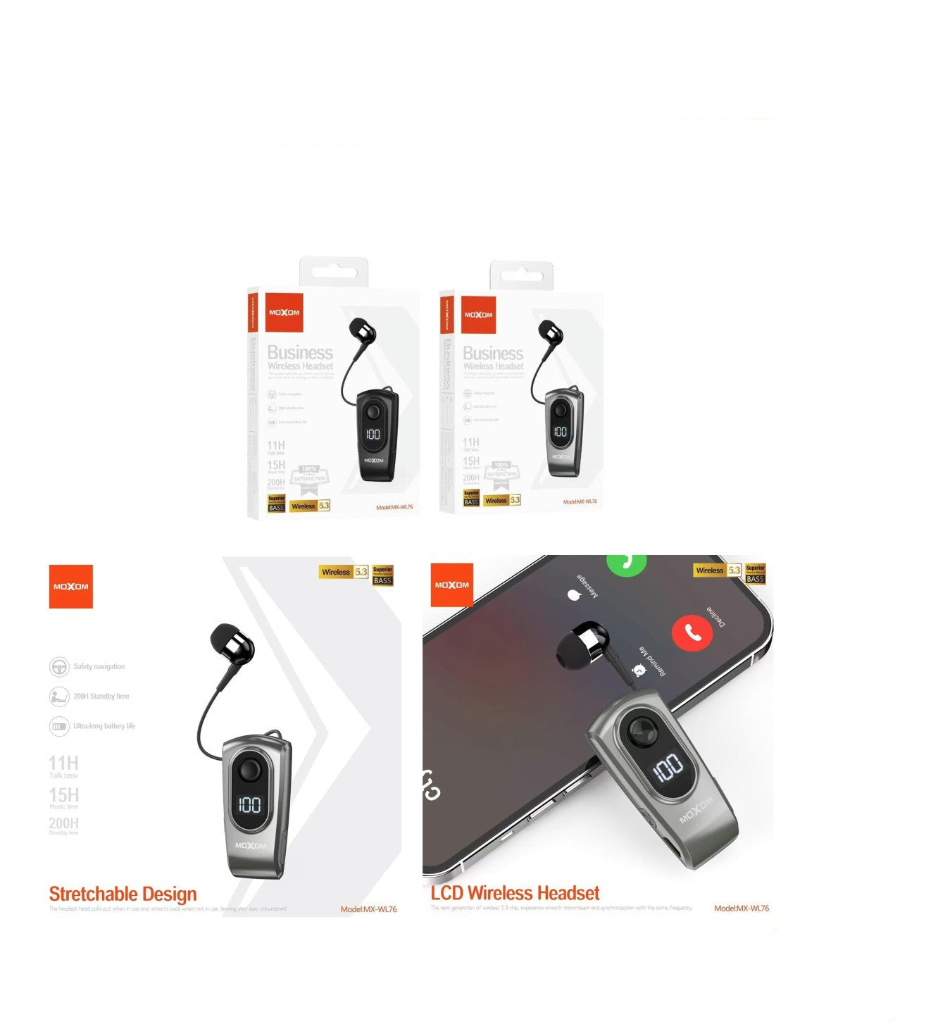 سماعة رأس لاسلكية قابلة للتمدد من موكسوم مع شاشة