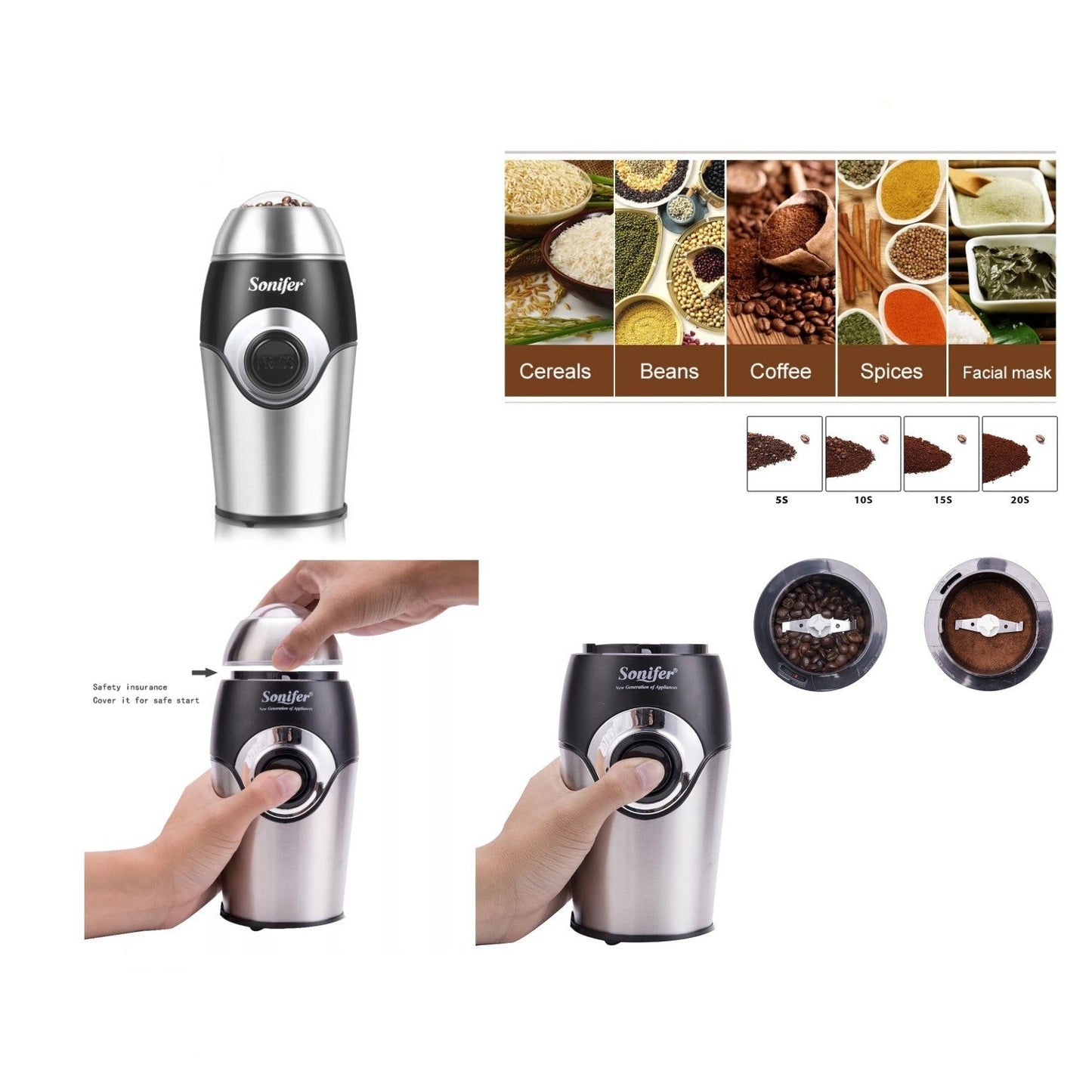 مطحنة حبوب القهوة الكهربائية الصغيرة Sonifer SF-3507 للبيع بالجملة للاستخدام المنزلي بزر ضغط وشفرة من الفولاذ المقاوم للصدأ