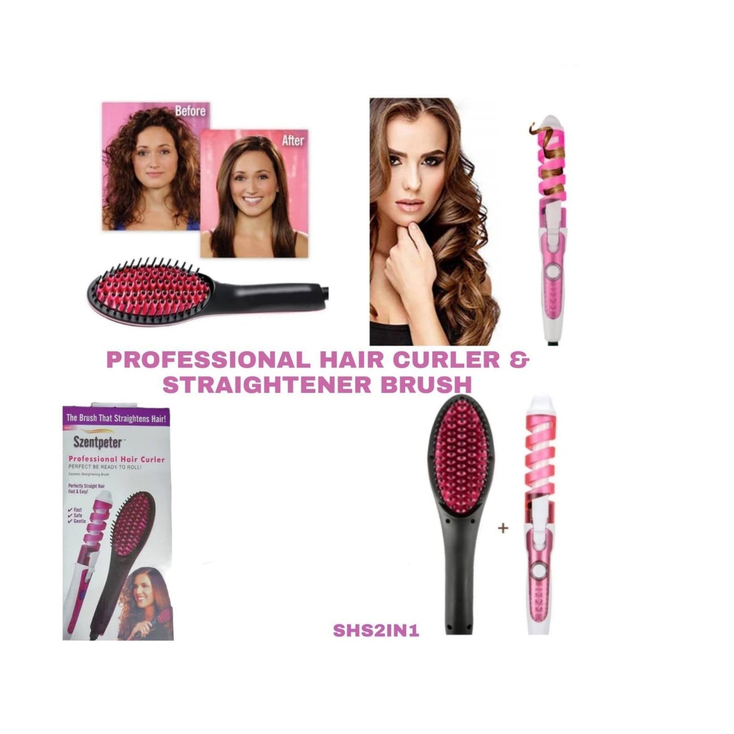 Professional Hair Curler & Hair Straightener Brush Combo
