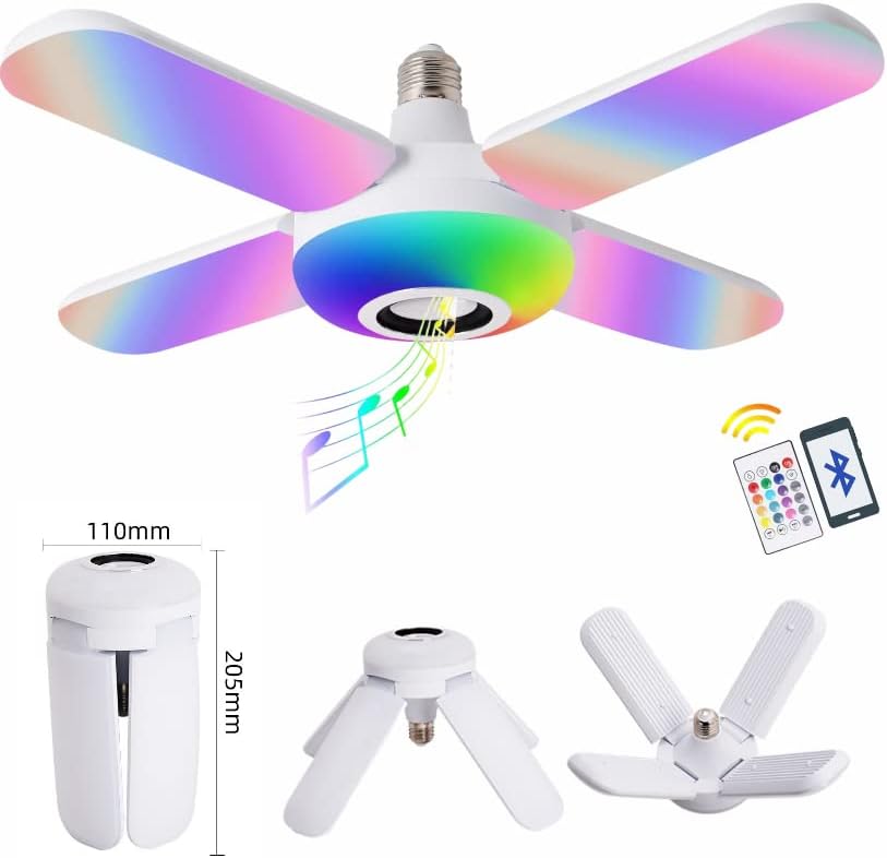 Smart Speaker Folding Deformation Lamp, LED Fan Music Light Bulb, Color Changing Lamp with Built-In Bluetooth Speaker And Remote Control for Home Stage Bar Party (4 FAN BLADE)