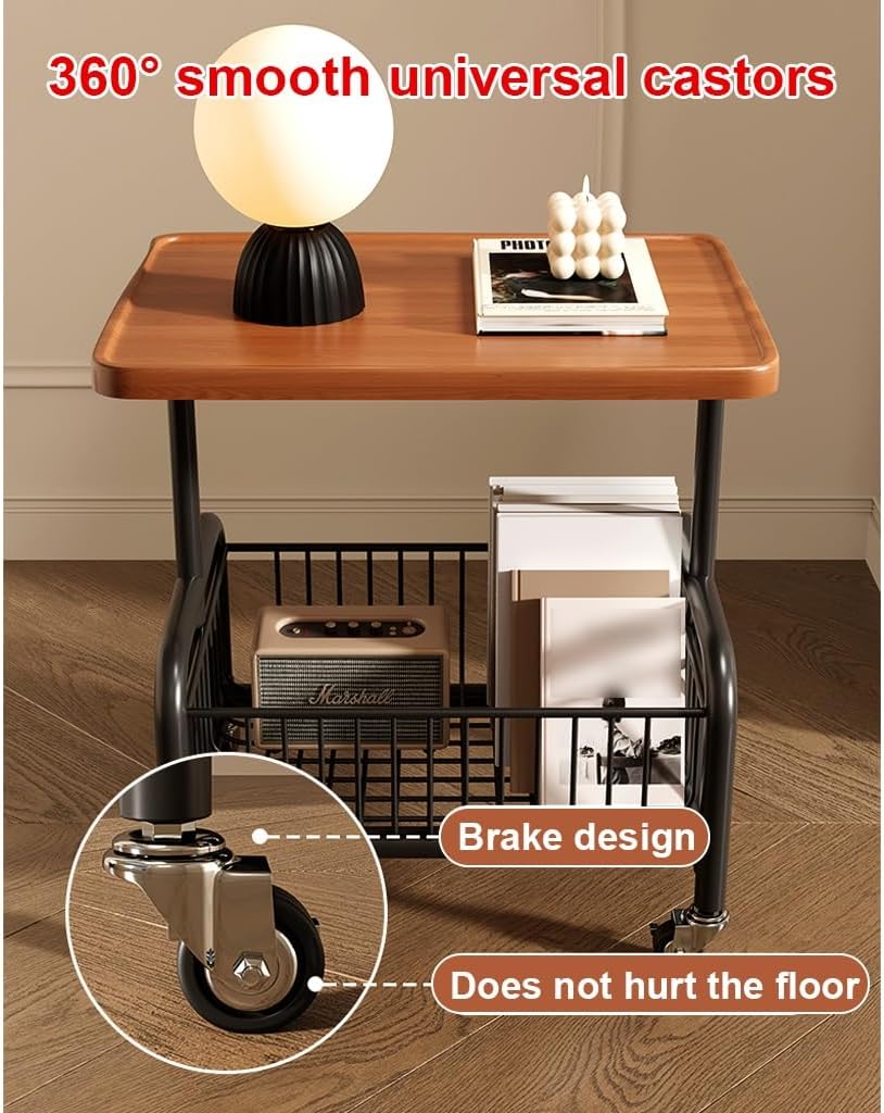 Mobile Coffee Table Laptop Desk Double-Layer Sofa Stand with Removable Basket Sturdy Night Cabinet for Living Room or Bed