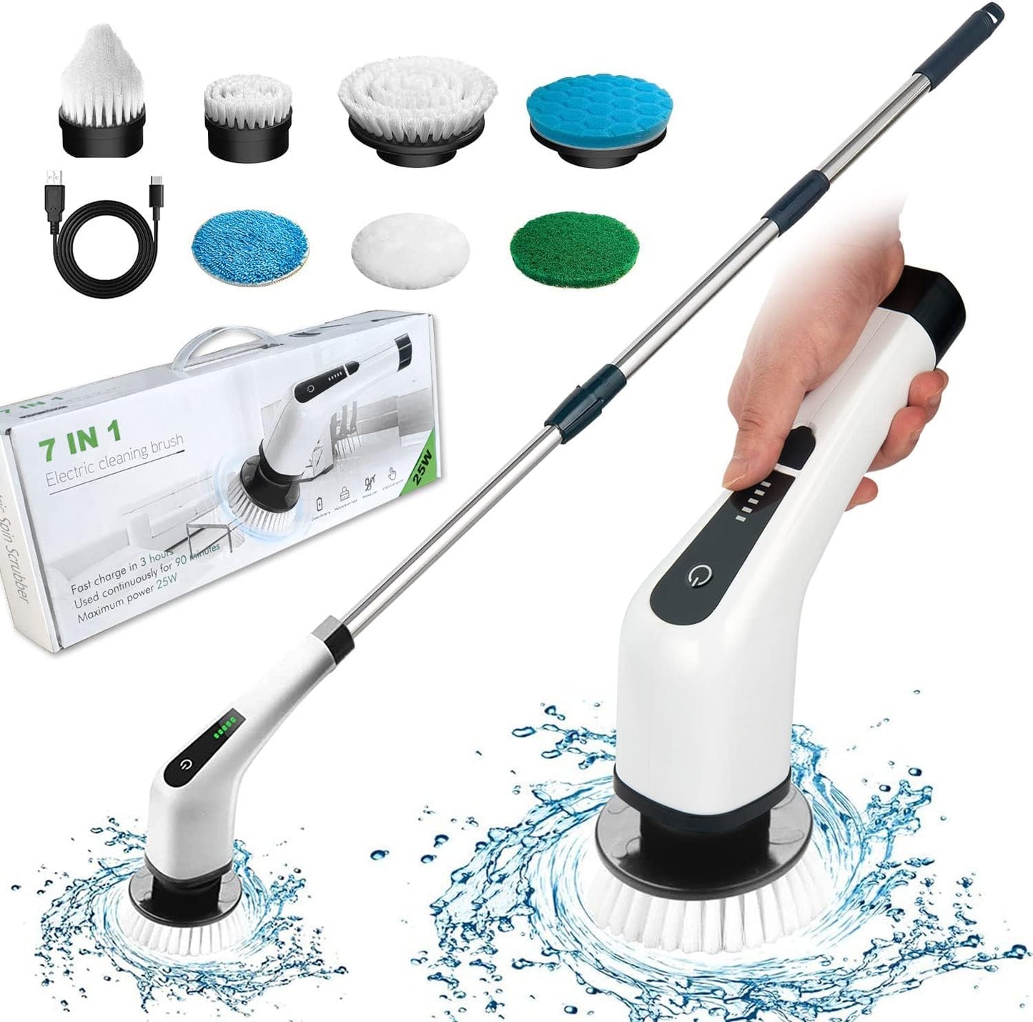 Electric Spin Scrubber, 360 rotating Cordless and Handheld Bathroom Scrubber with 8 Replaceable Cleaning Brush Heads for Cleaning Kitchen, Tile, Tub and Floor (White)