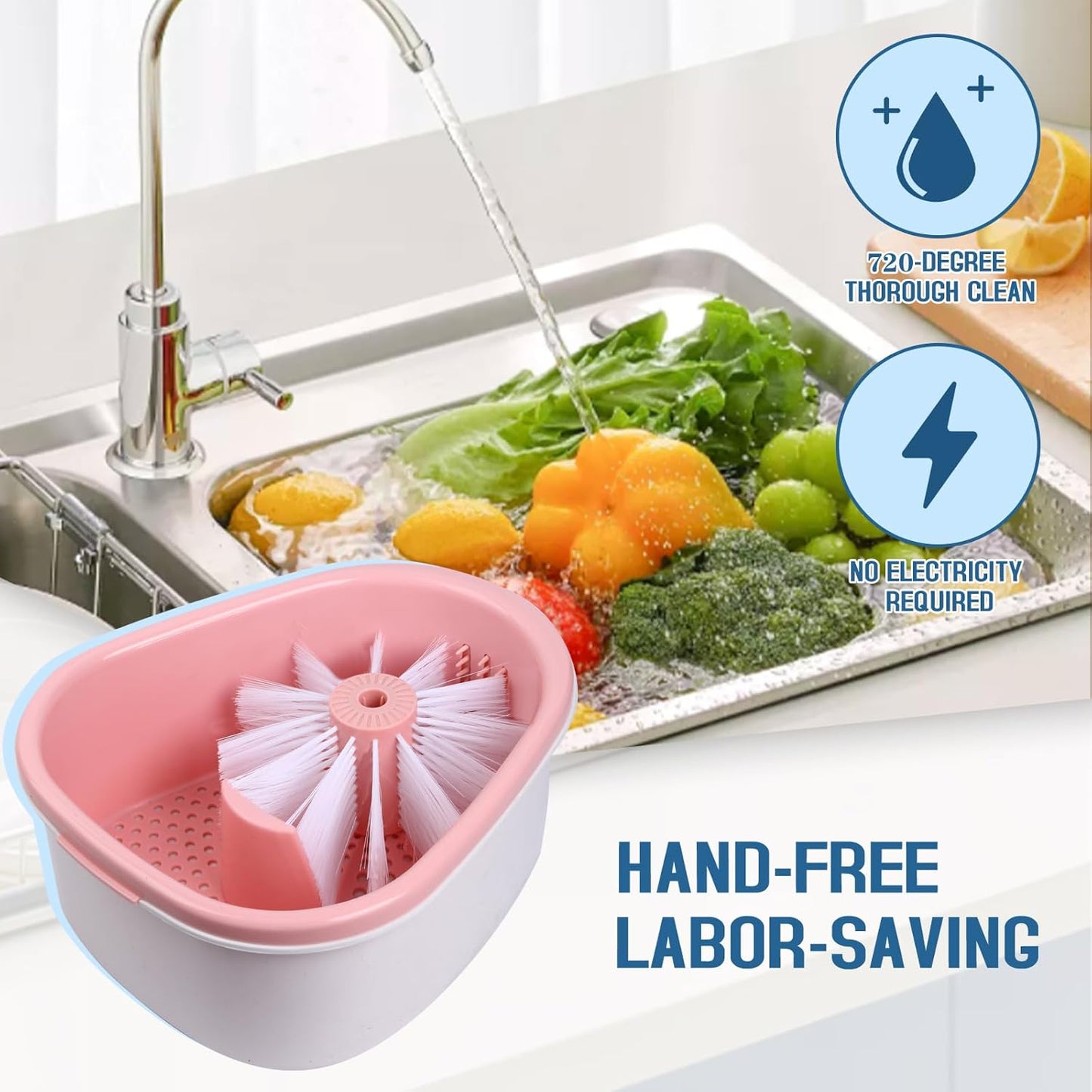 Fruit Cleaner Device, Fruit and Vegetable Washing Machine with Lid, Fruit Washer Spinner with Brush, Portable Fruit Scrubber, 720 Degree Scrubbing Fruit