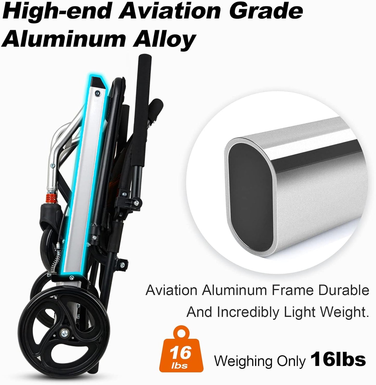Ultra Light Transport Wheelchairs for Seniors Weight Only 15lbs, Travel Wheelchairs for Adults Lightweight Foldable Support 220lbs