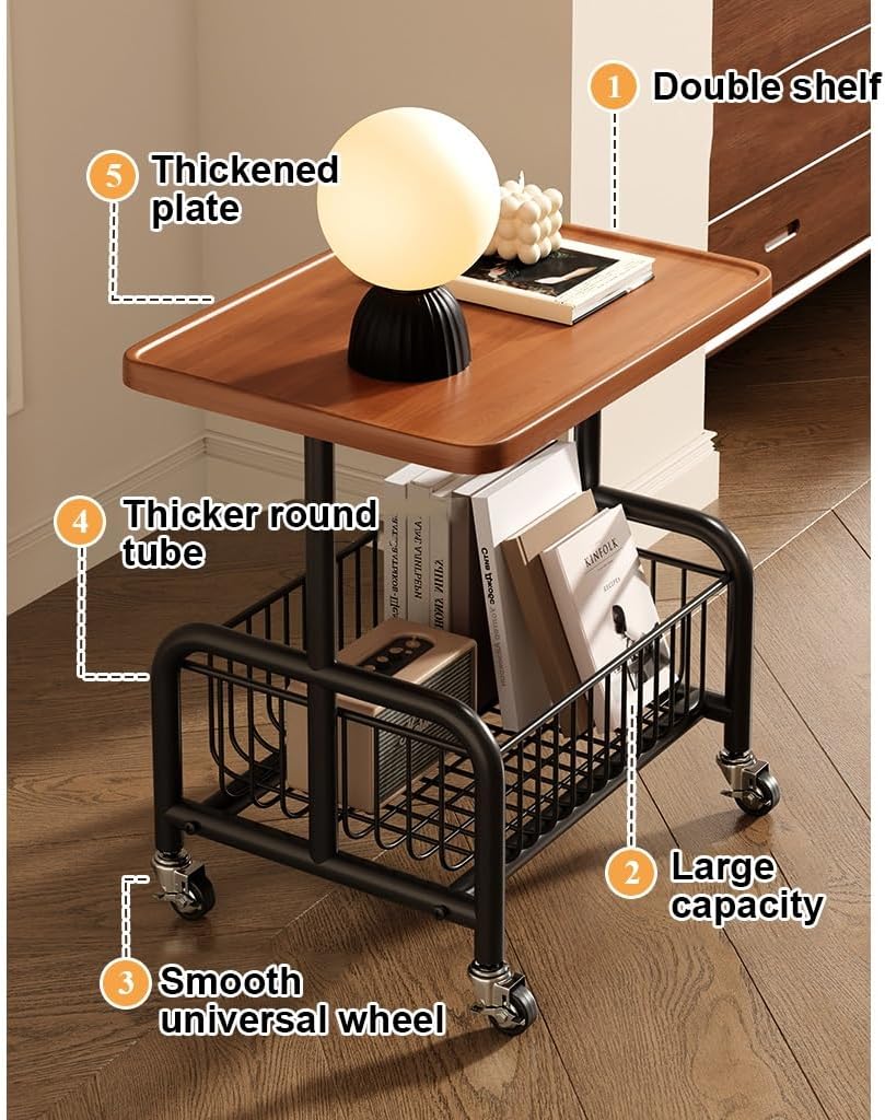 Mobile Coffee Table Laptop Desk Double-Layer Sofa Stand with Removable Basket Sturdy Night Cabinet for Living Room or Bed