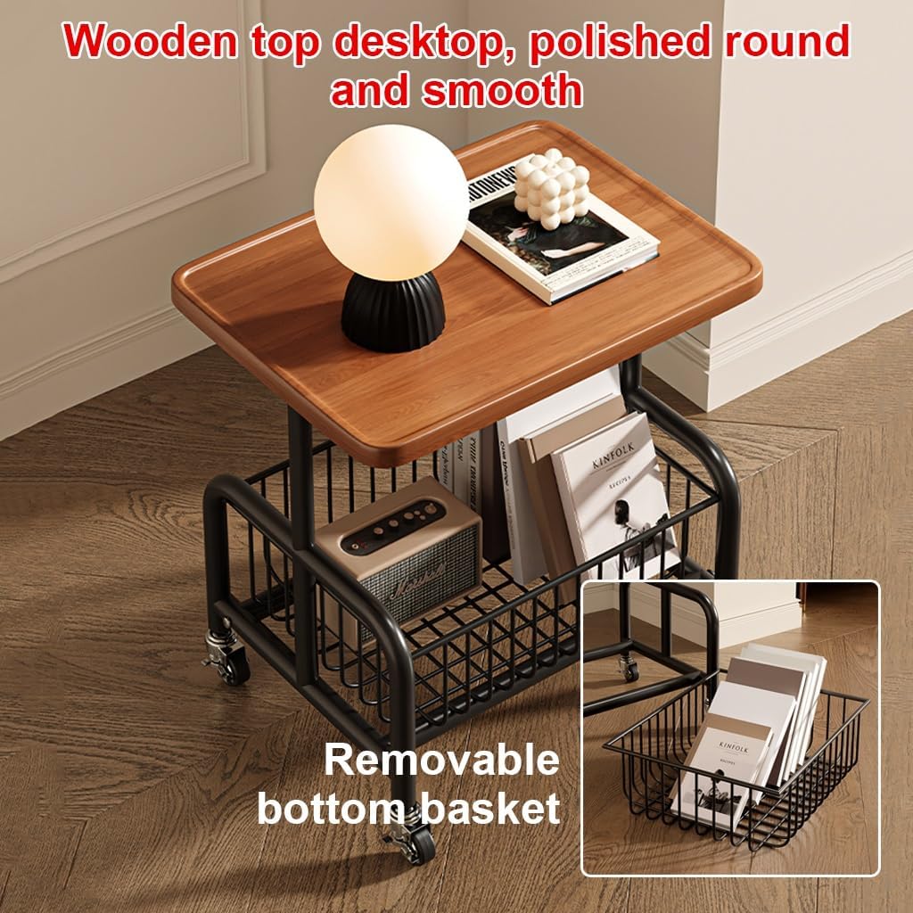 Mobile Coffee Table Laptop Desk Double-Layer Sofa Stand with Removable Basket Sturdy Night Cabinet for Living Room or Bed