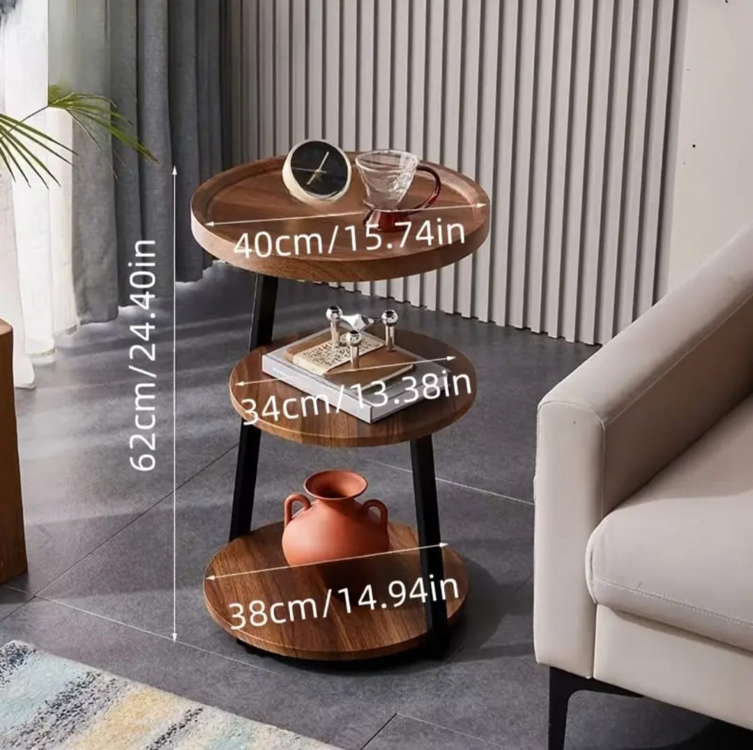 Side Round End Table with 3 Shelves for Living Room, Bedroom, Nightstand with Sturdy Metal Frame for Small Spaces, Accent Coffee Table