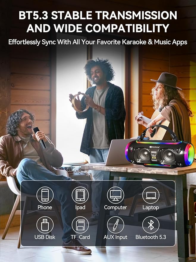 Portable Karaoke Machine for Adults & Kids with Wireless Microphones and Bluetooth 5.3, Deep Bass & RGB Light