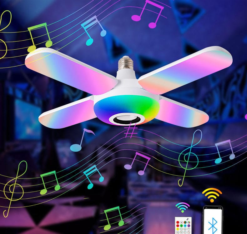 Smart Speaker Folding Deformation Lamp, LED Fan Music Light Bulb, Color Changing Lamp with Built-In Bluetooth Speaker And Remote Control for Home Stage Bar Party (4 FAN BLADE)