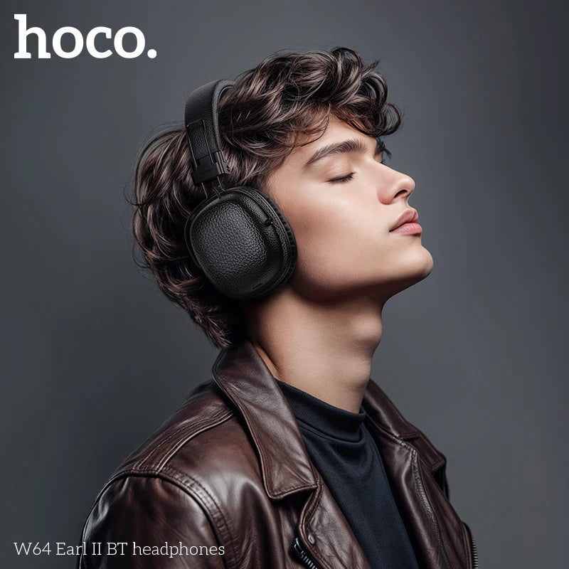 سماعات رأس HOCO W64 فوق الأذن مزودة بتقنية البلوتوث 5.4، سماعات أذن كبيرة من الجلد، سماعات أذن قابلة للطي، سماعات رأس رياضية موسيقية مزودة بميكروفون