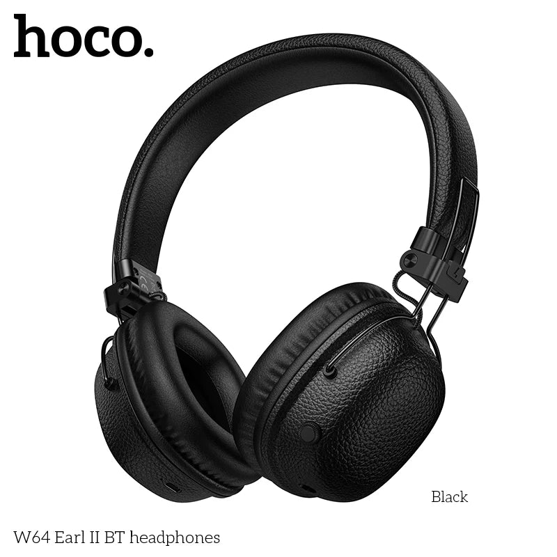 سماعات رأس HOCO W64 فوق الأذن مزودة بتقنية البلوتوث 5.4، سماعات أذن كبيرة من الجلد، سماعات أذن قابلة للطي، سماعات رأس رياضية موسيقية مزودة بميكروفون