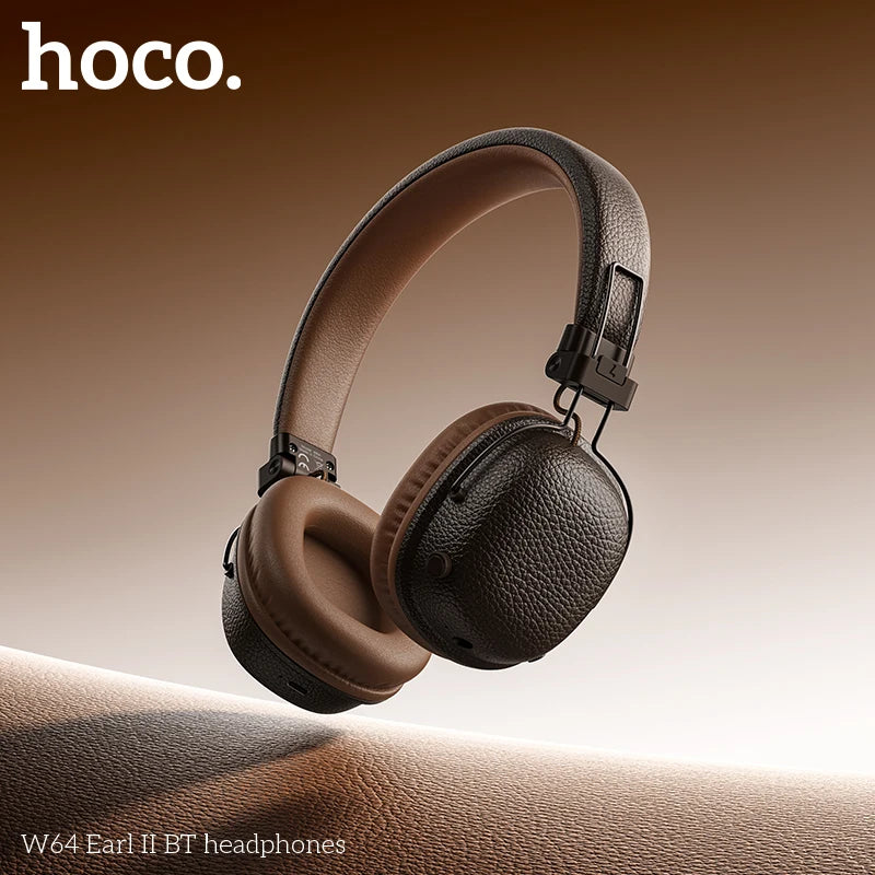سماعات رأس HOCO W64 فوق الأذن مزودة بتقنية البلوتوث 5.4، سماعات أذن كبيرة من الجلد، سماعات أذن قابلة للطي، سماعات رأس رياضية موسيقية مزودة بميكروفون