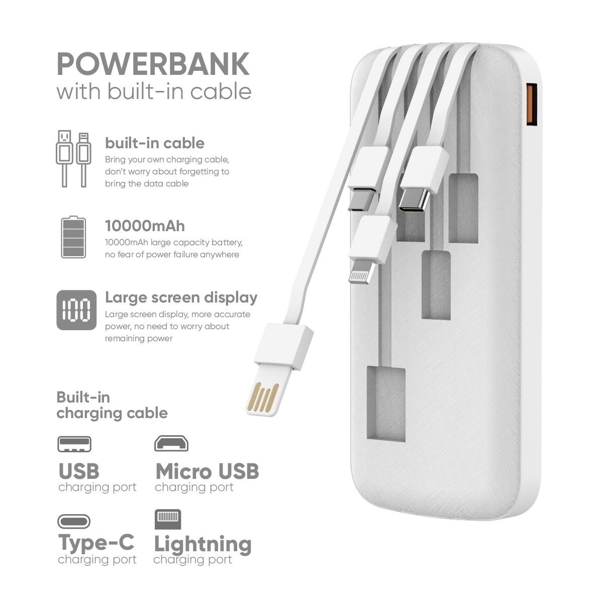 Vidvie PB758 10000mah Power Bank With 3 inbuilt Cables