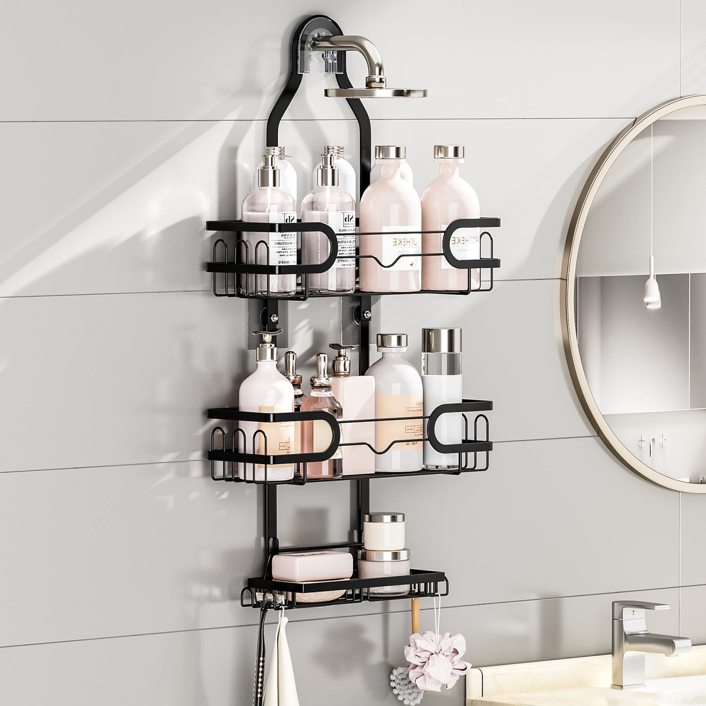 Rustproof Black Shower Caddy with Soap Holder - Wall-Mounted, No Drilling Needed