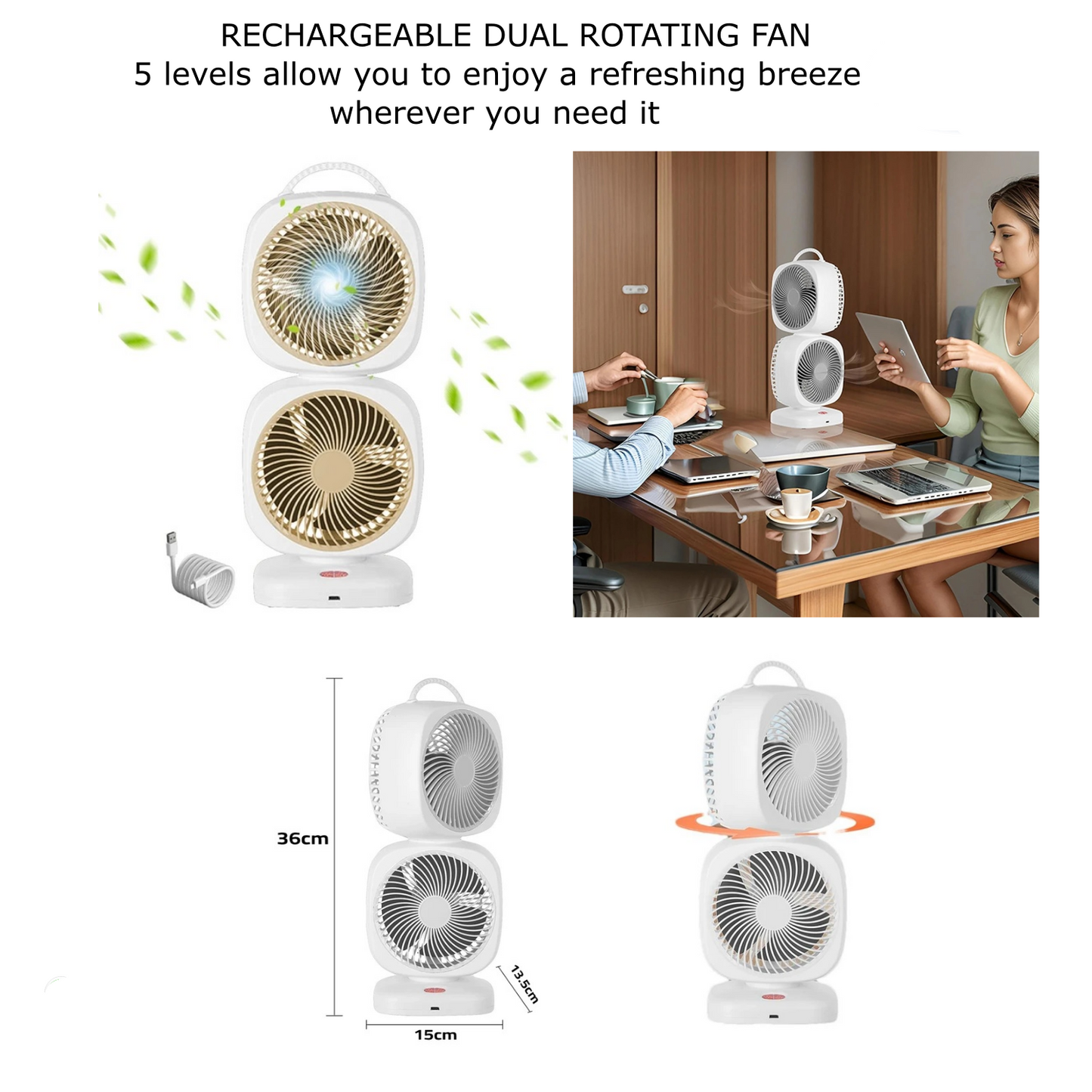 Rechargeable Rotating Dual Head Desk Fan