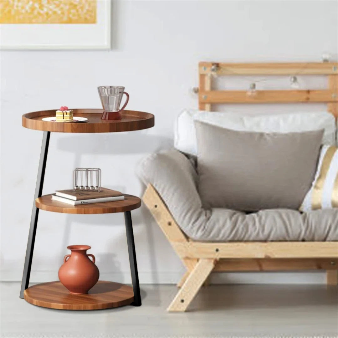 Side Round End Table with 3 Shelves for Living Room, Bedroom, Nightstand with Sturdy Metal Frame for Small Spaces, Accent Coffee Table