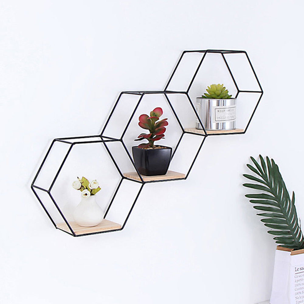 Living and Home 3 Compartment Hexagon Wall Shelf with Iron Frame