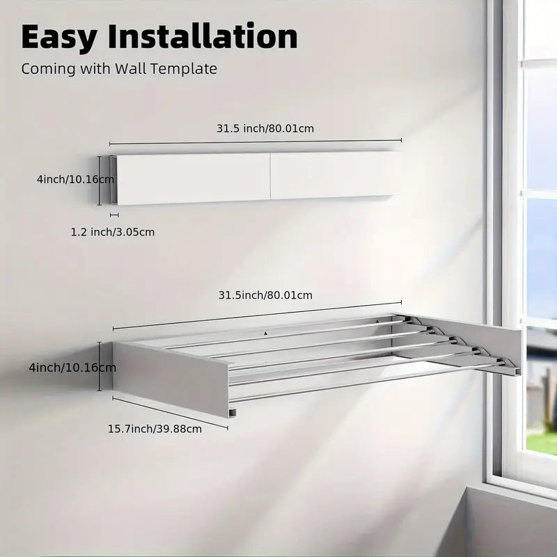 Wall Mounted Clothes Drying Rack 31.5", Foldable Wall Mount Laundry Rack Folding Indoor, Collapsible, Hidden Space Saver with Wall Template, 5 Rods