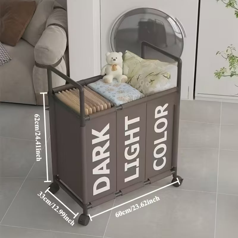 3 Section Large Capacity Laundry Basket With Wheels & Handle