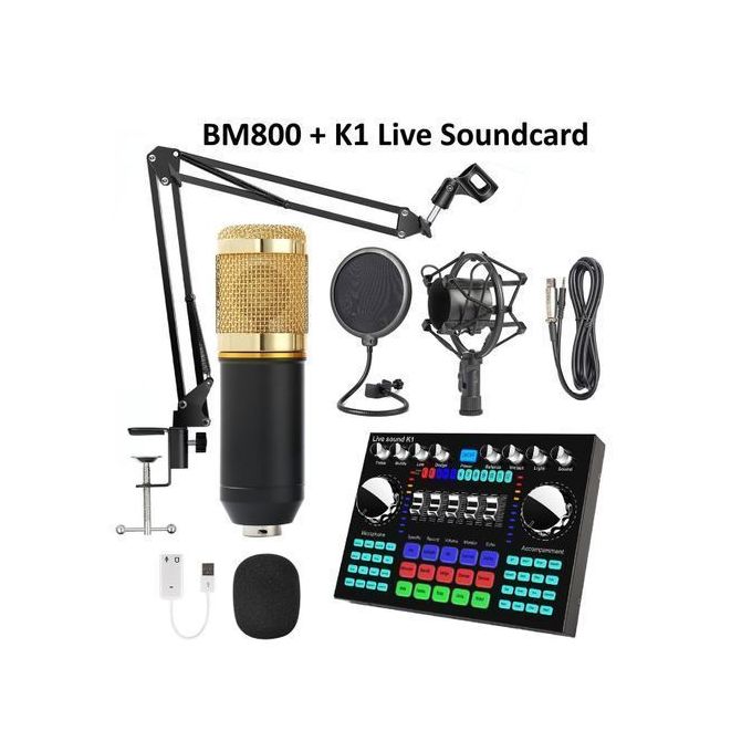 K1 Sound Card with BM800 Professional Metal-Chip Microphone Full Set
