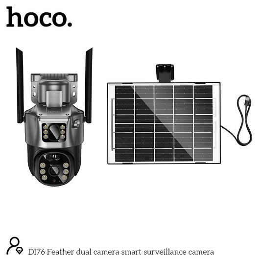 The HOCO DI76 Solar Power Dual-Lens Smart Surveillance Camera is a versatile outdoor security solution designed for reliable, eco-friendly monitoring