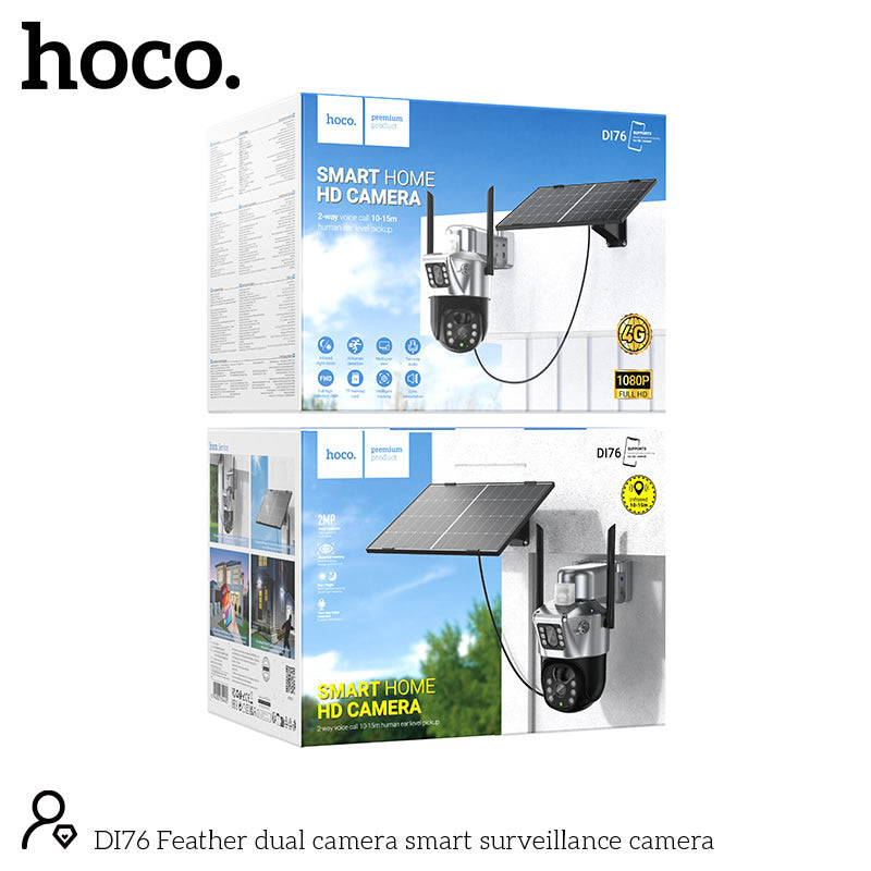The HOCO DI76 Solar Power Dual-Lens Smart Surveillance Camera is a versatile outdoor security solution designed for reliable, eco-friendly monitoring