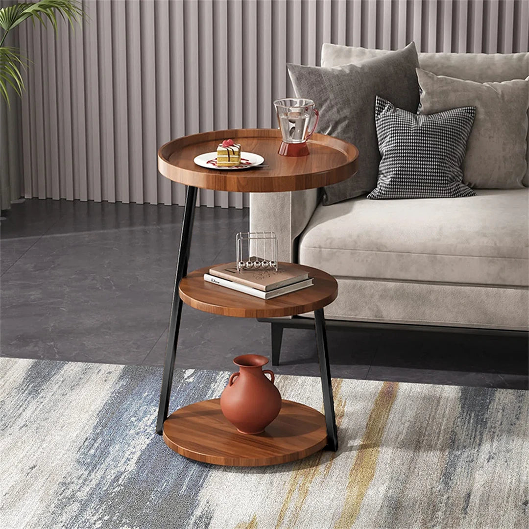 طاولة جانبية مستديرة مع 3 رفوف لغرفة المعيشة وغرفة النوم وطاولة بجانب السرير بإطار معدني قوي