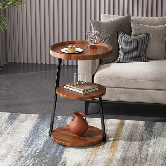 Side Round End Table with 3 Shelves for Living Room, Bedroom, Nightstand with Sturdy Metal Frame for Small Spaces, Accent Coffee Table