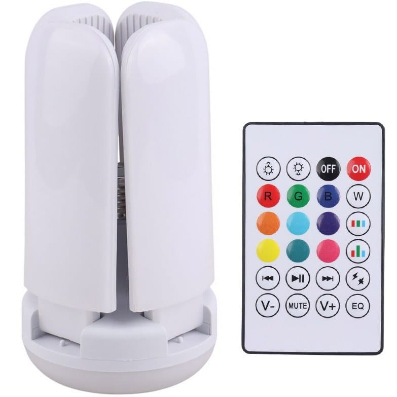 Smart Speaker Folding Deformation Lamp, LED Fan Music Light Bulb, Color Changing Lamp with Built-In Bluetooth Speaker And Remote Control for Home Stage Bar Party (4 FAN BLADE)