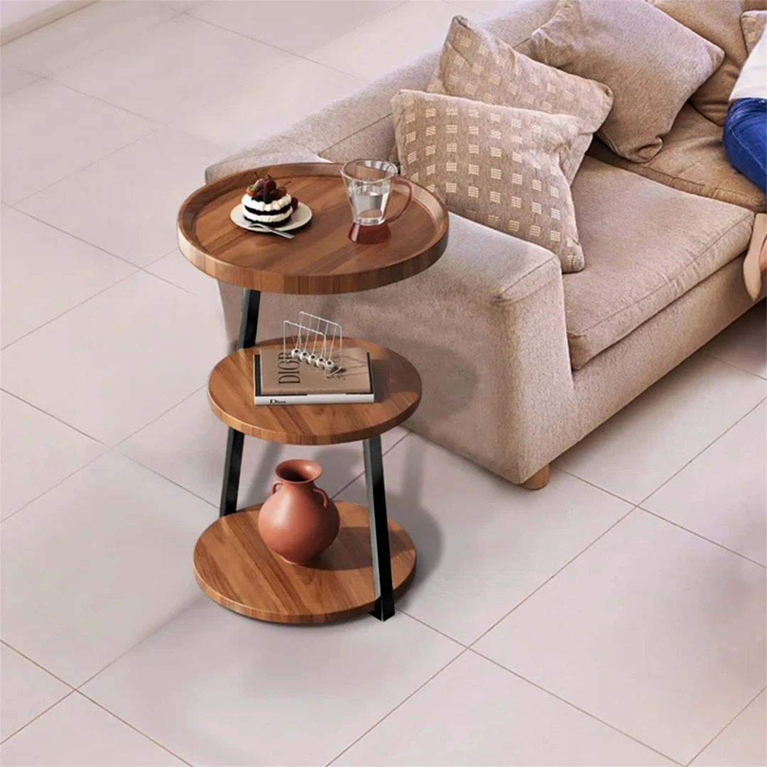 Side Round End Table with 3 Shelves for Living Room, Bedroom, Nightstand with Sturdy Metal Frame for Small Spaces, Accent Coffee Table