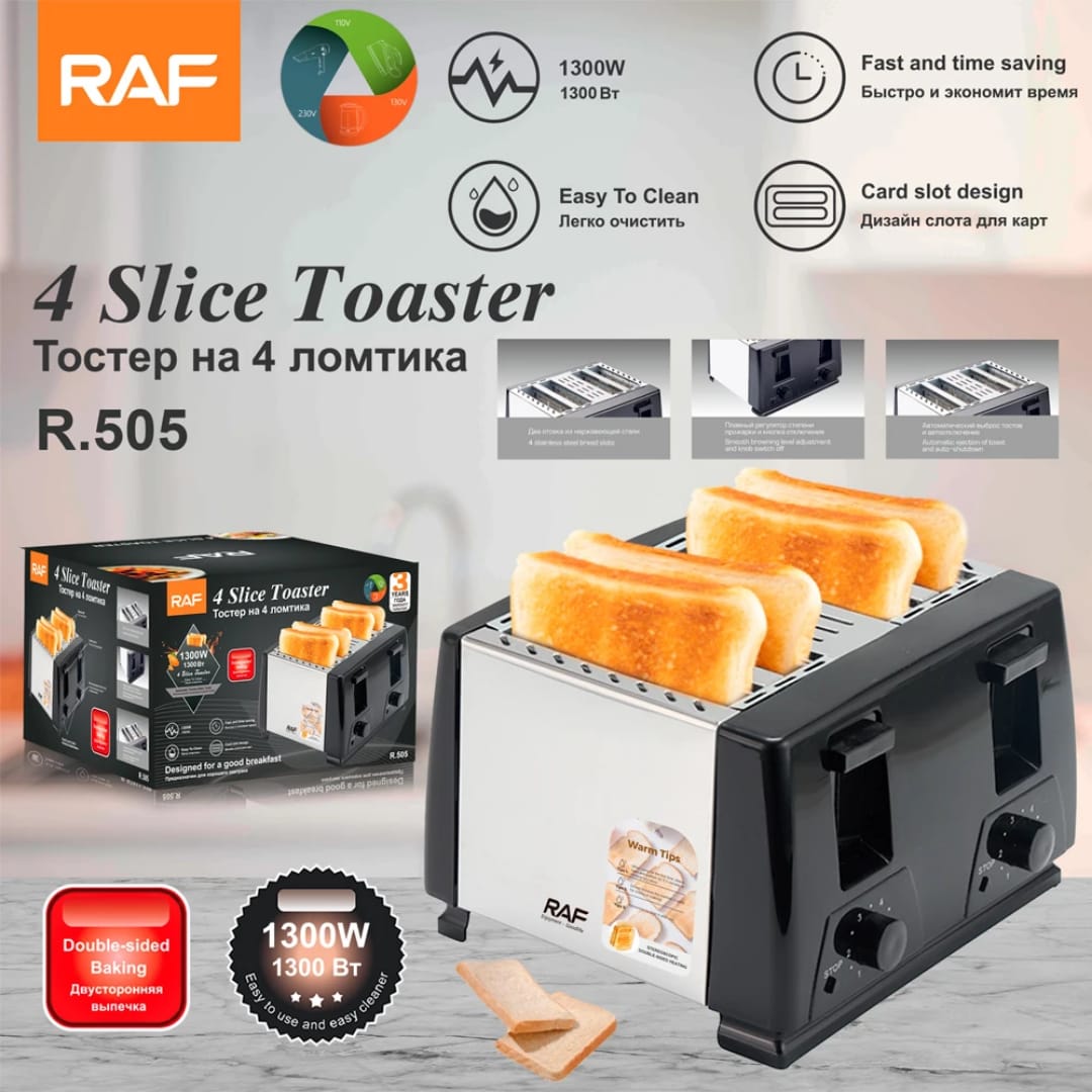 RAF 1300W 4-Slice Toaster with 6 Adjustable Levels