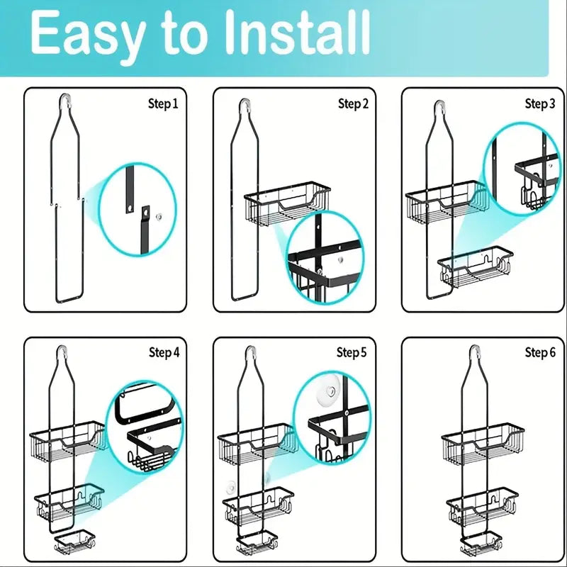 حامل دش أسود مقاوم للصدأ مع حامل صابون - يُثبّت على الحائط، لا يحتاج إلى حفر