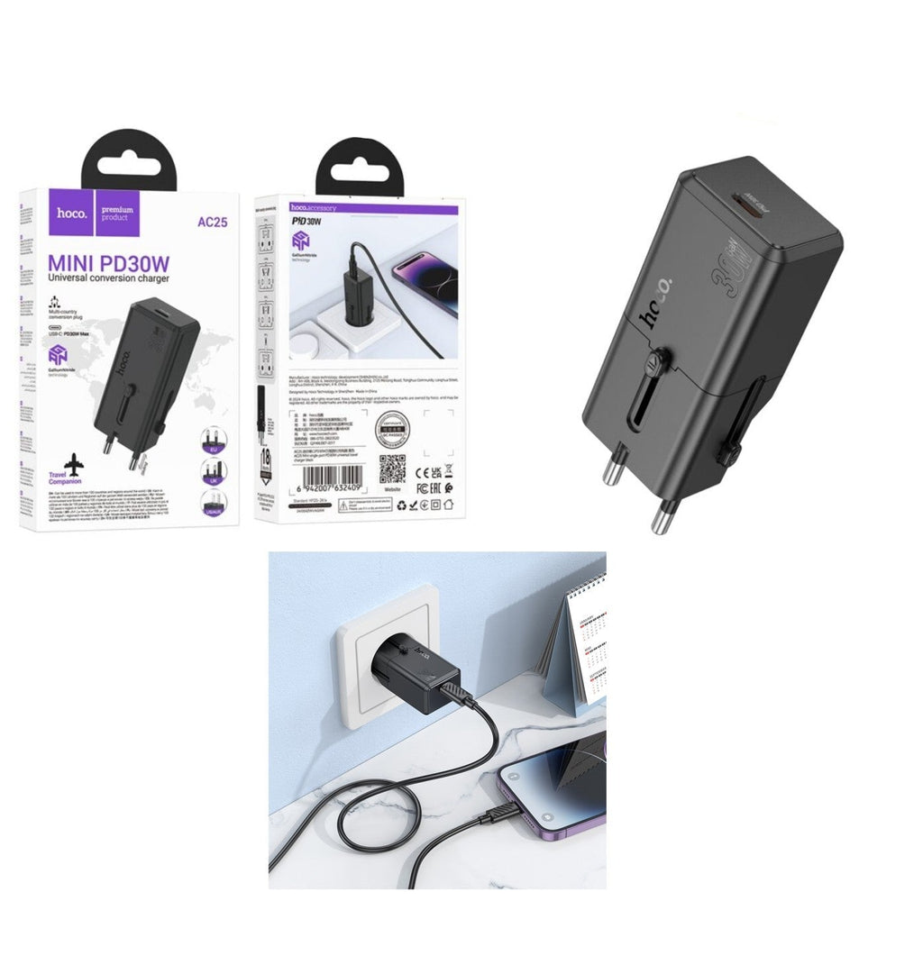 محول سفر عالمي PD 30 وات بمنفذ واحد من Hoco AC25 Mini