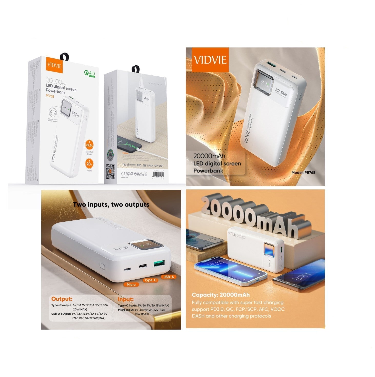 باور بانك Vidvie PB768 بسعة 20000 مللي أمبير في الساعة