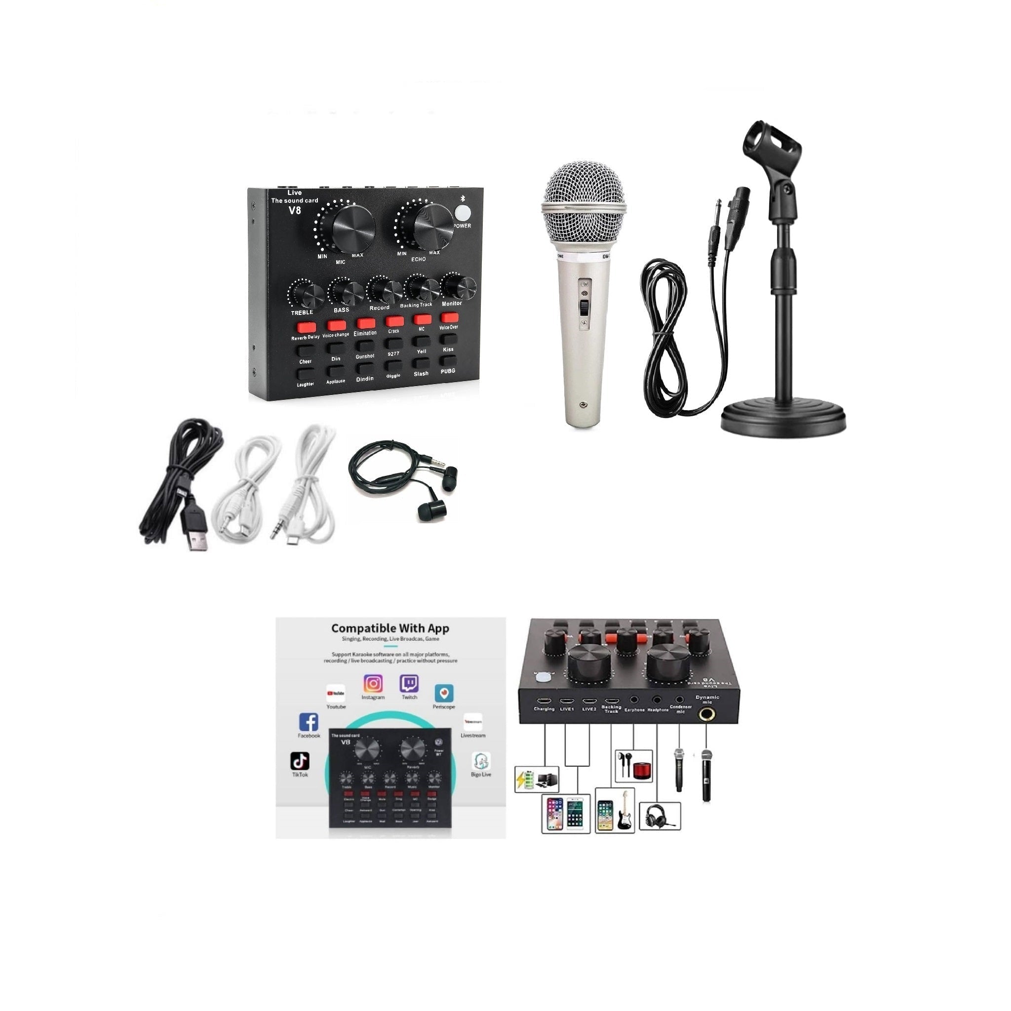 بطاقة صوت V8 مع مجموعة ميكروفون ديناميكي 