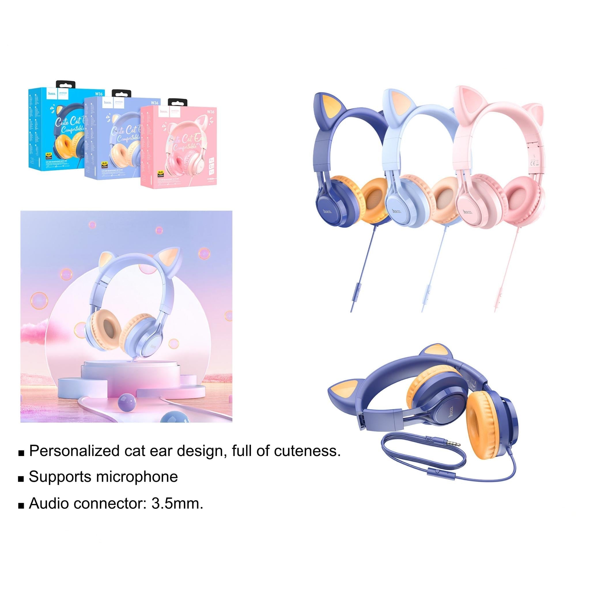 سماعات رأس هوكو W36 على شكل أذن قطة مع ميكروفون