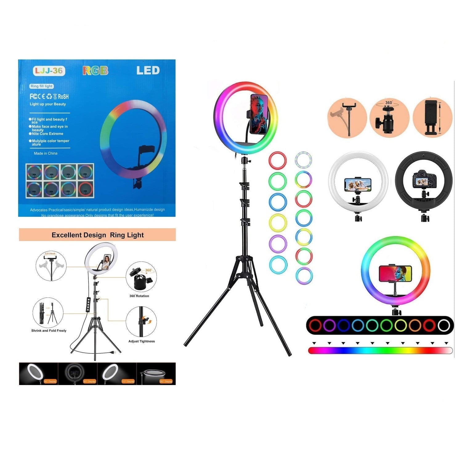 حلقة إضاءة RGB مقاس 14 بوصة 36 سم من LJJ مع حامل ثلاثي القوائم بطول 2 متر