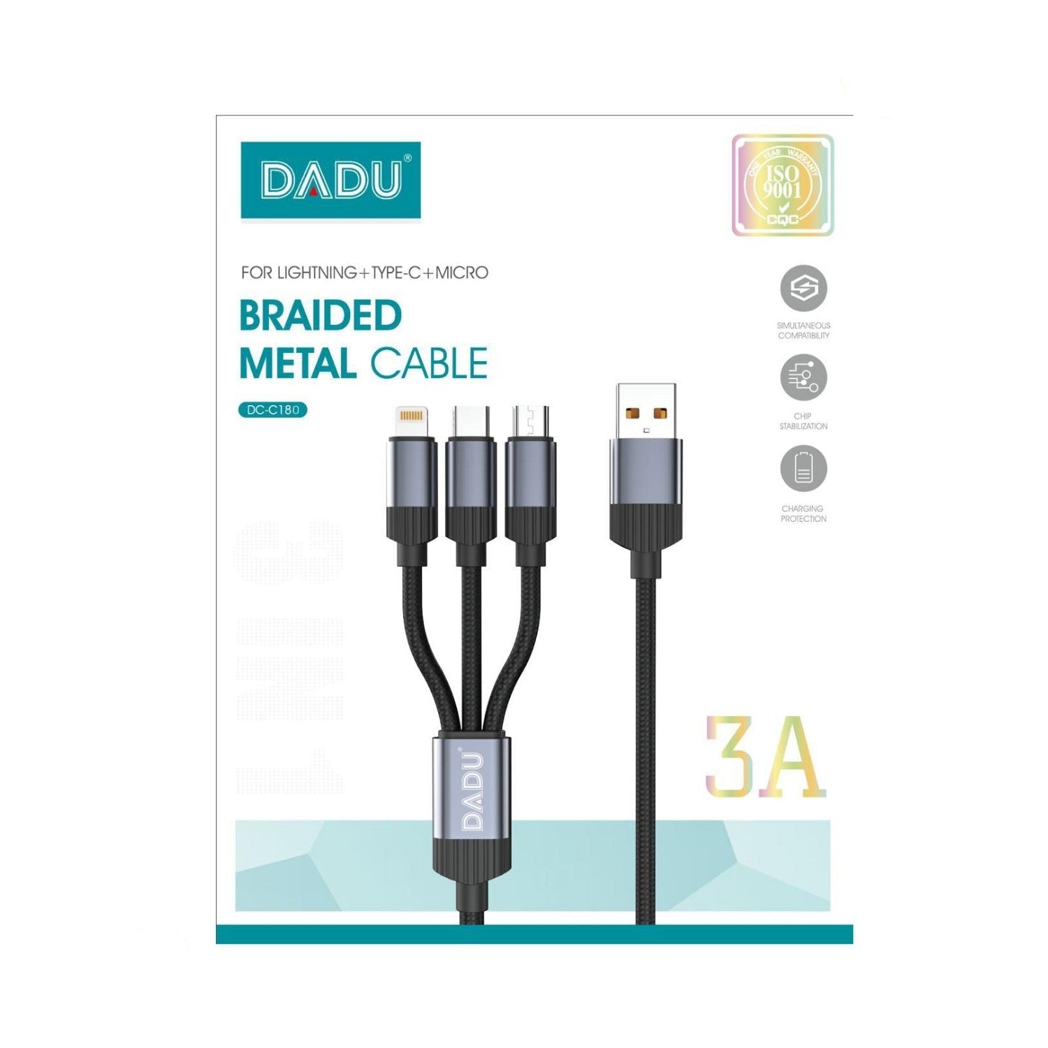 كابل دادو مضفر معدني 3 في 1 يدعم الشحن السريع