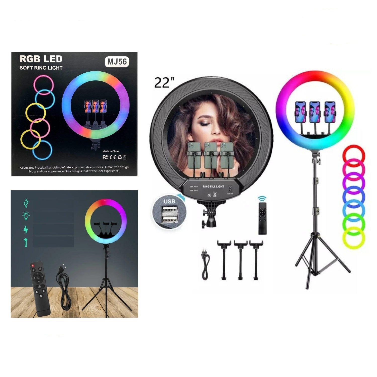 MJ 56 سم 22 بوصة حلقة إضاءة RGB مع حامل ثلاثي القوائم 2 متر