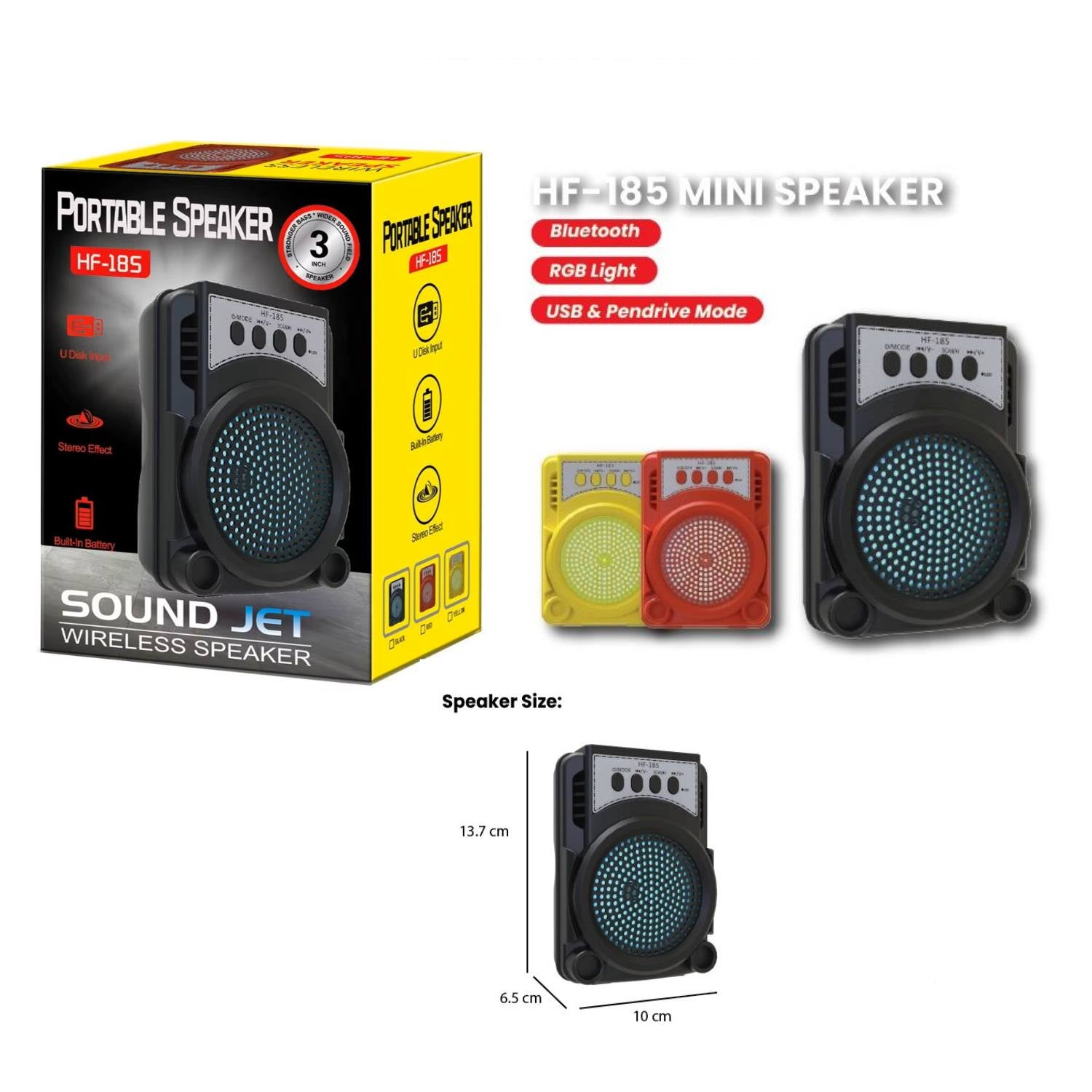 HF-185 مكبر صوت بلوتوث محمول صغير مقاس 3 بوصات مزود بإضاءة