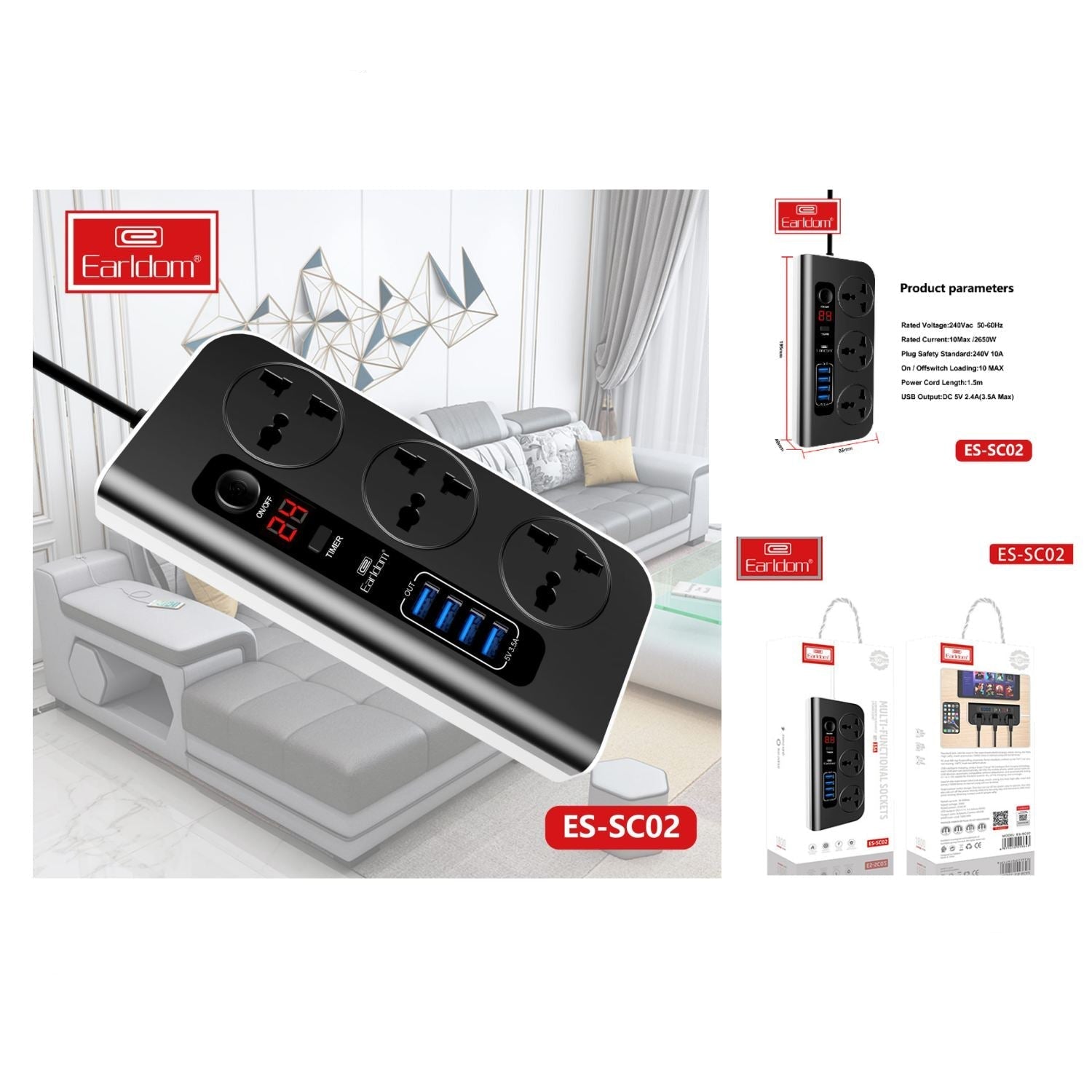 وصلة طاقة Earldom SC02 ثلاثية الاتجاهات مع شاحن سريع 4 منافذ USB مع سلك بطول 1.5 متر وشاشة LED