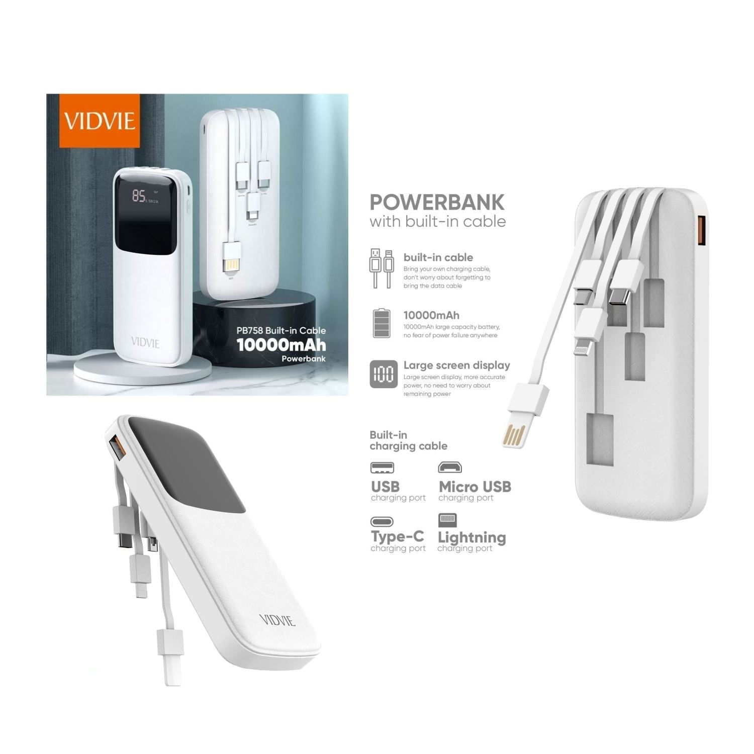 بنك طاقة Vidvie PB758 بسعة 10000 مللي أمبير مع 3 كابلات مدمجة