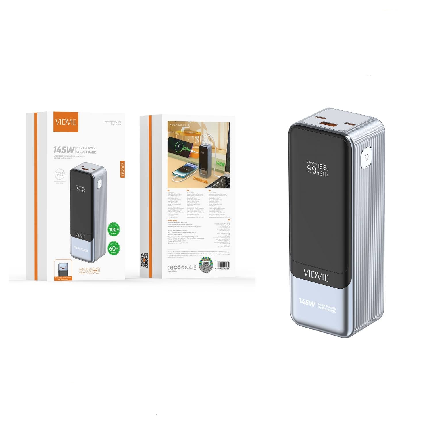 بنك طاقة Vidvie PB7003 بسعة 27000 مللي أمبير في الساعة و145 وات بتقنية الشحن السريع PD وUSB للهواتف المحمولة والأجهزة اللوحية وأجهزة الكمبيوتر المحمولة