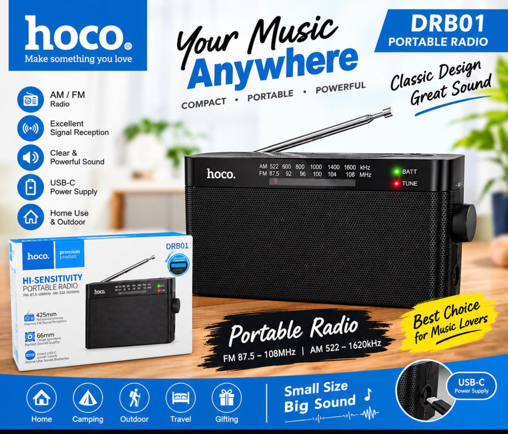 HOCO DRB01 Portable AM FM Radio & Bluetooth Speaker