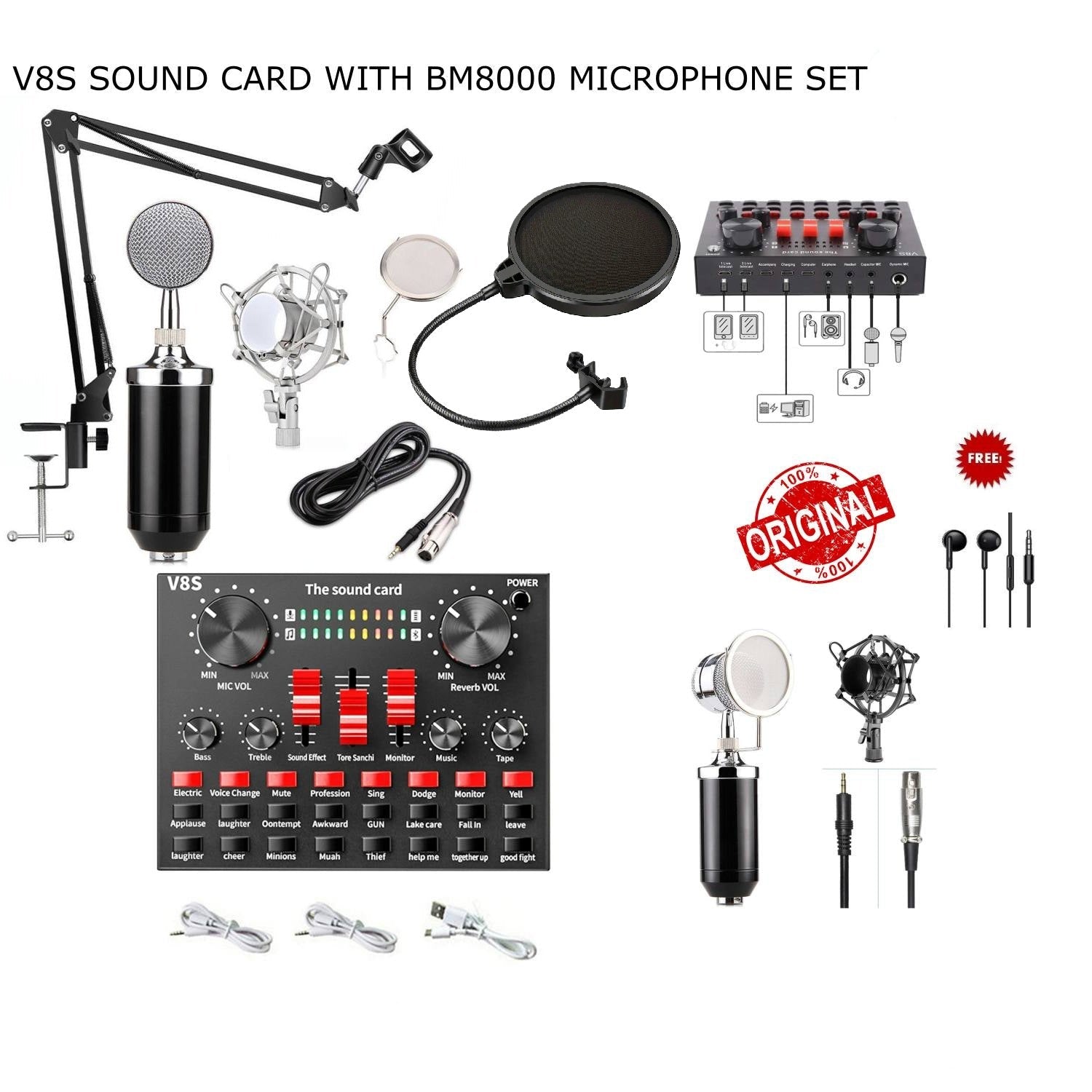 بطاقة صوت V8S مع ميكروفون Bm8000 مجموعة كاملة