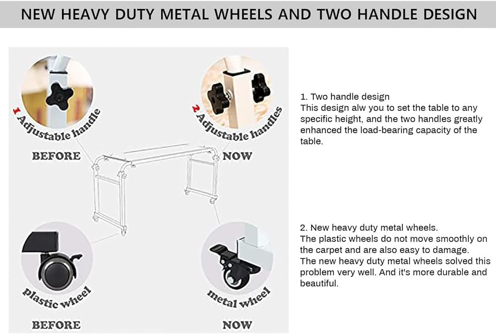 Over bed Table with Wheels, Height Adjustable Computer Desk Workstation