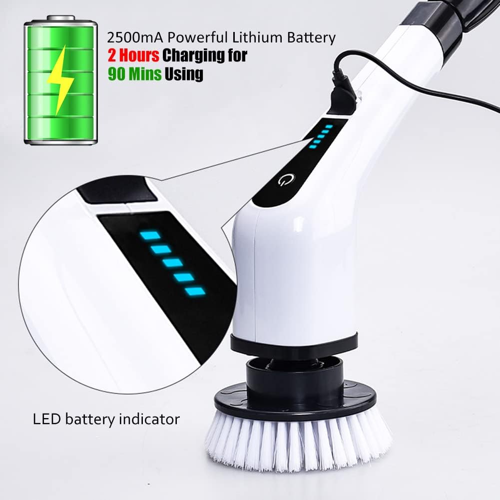 Electric Spin Scrubber, 360 rotating Cordless and Handheld Bathroom Scrubber with 8 Replaceable Cleaning Brush Heads for Cleaning Kitchen, Tile, Tub and Floor (White)